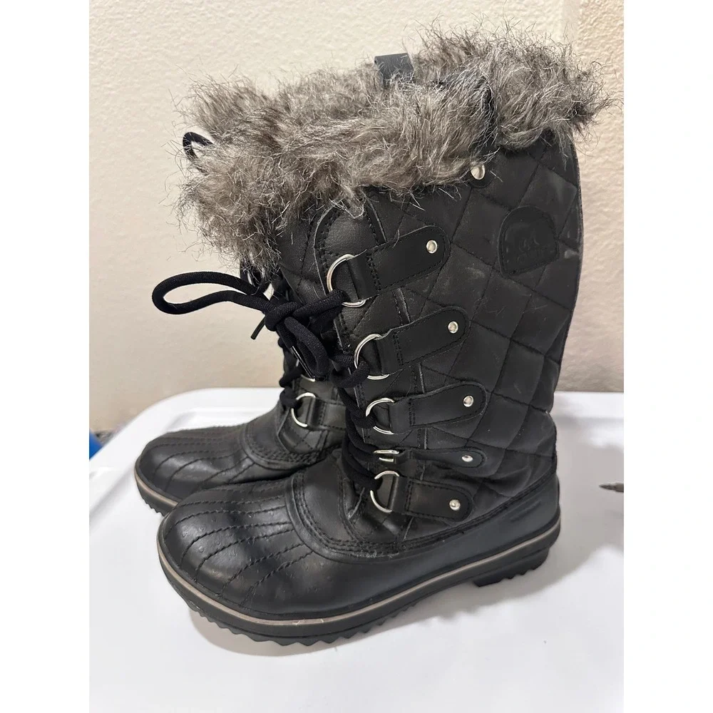 Sorel Winter Snow Boots Quilted Faux Fur Trim Lace‎ Up Black